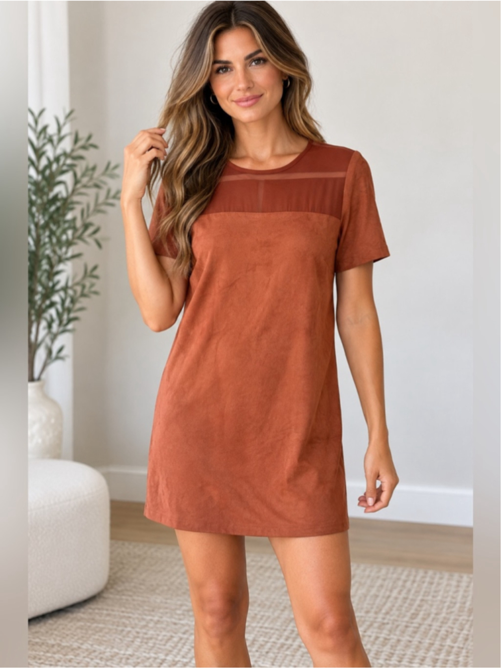 Bershka Rust Short Sleeve Mini Dress Tunic Size M Boho Fall Minimalist